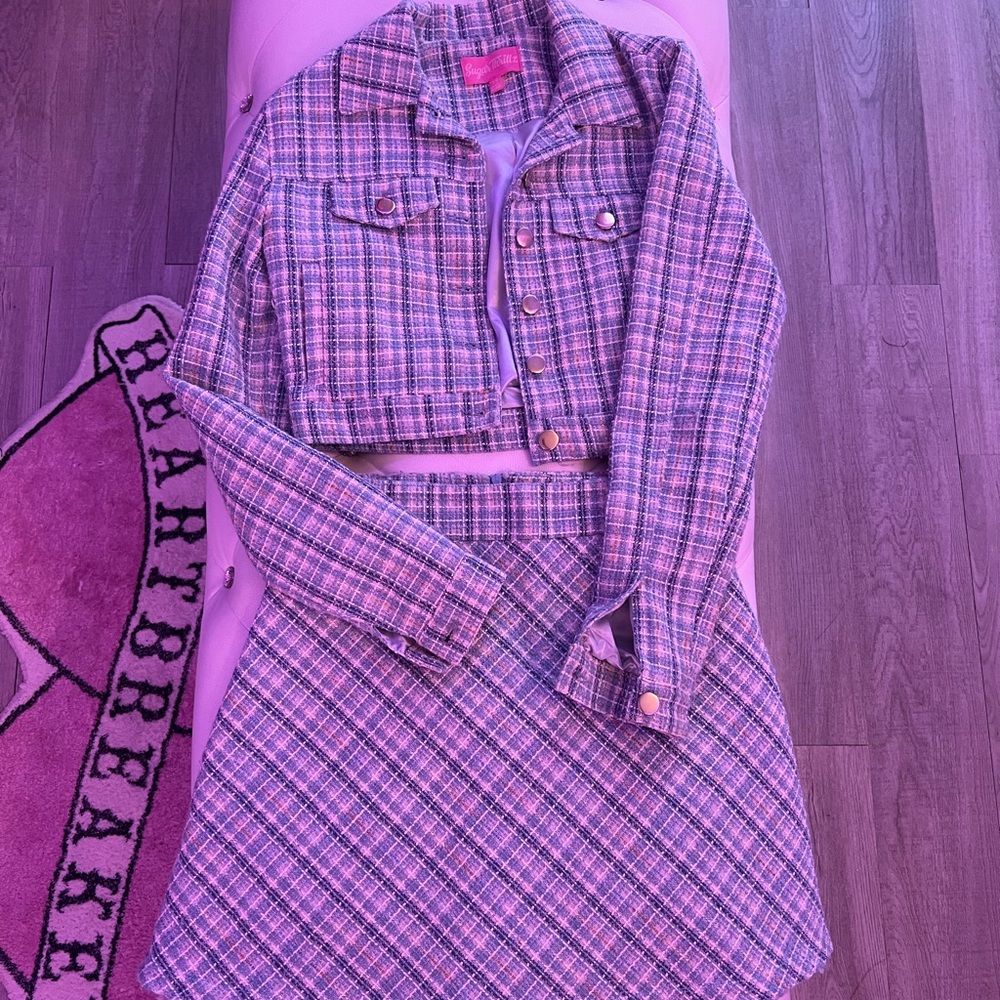 Sugar Thrillz Pink Plaid Cropped Jacket and Skirt Set